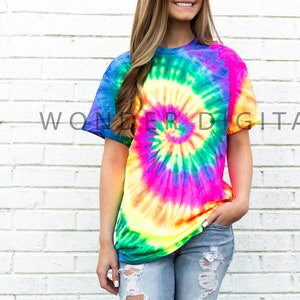 Neon Rainbow Color Tone Tie dye Mockup  Tie Dye T-shirt Flat Lay Mockup Boutique Flat Lay Wonder Digital CD100