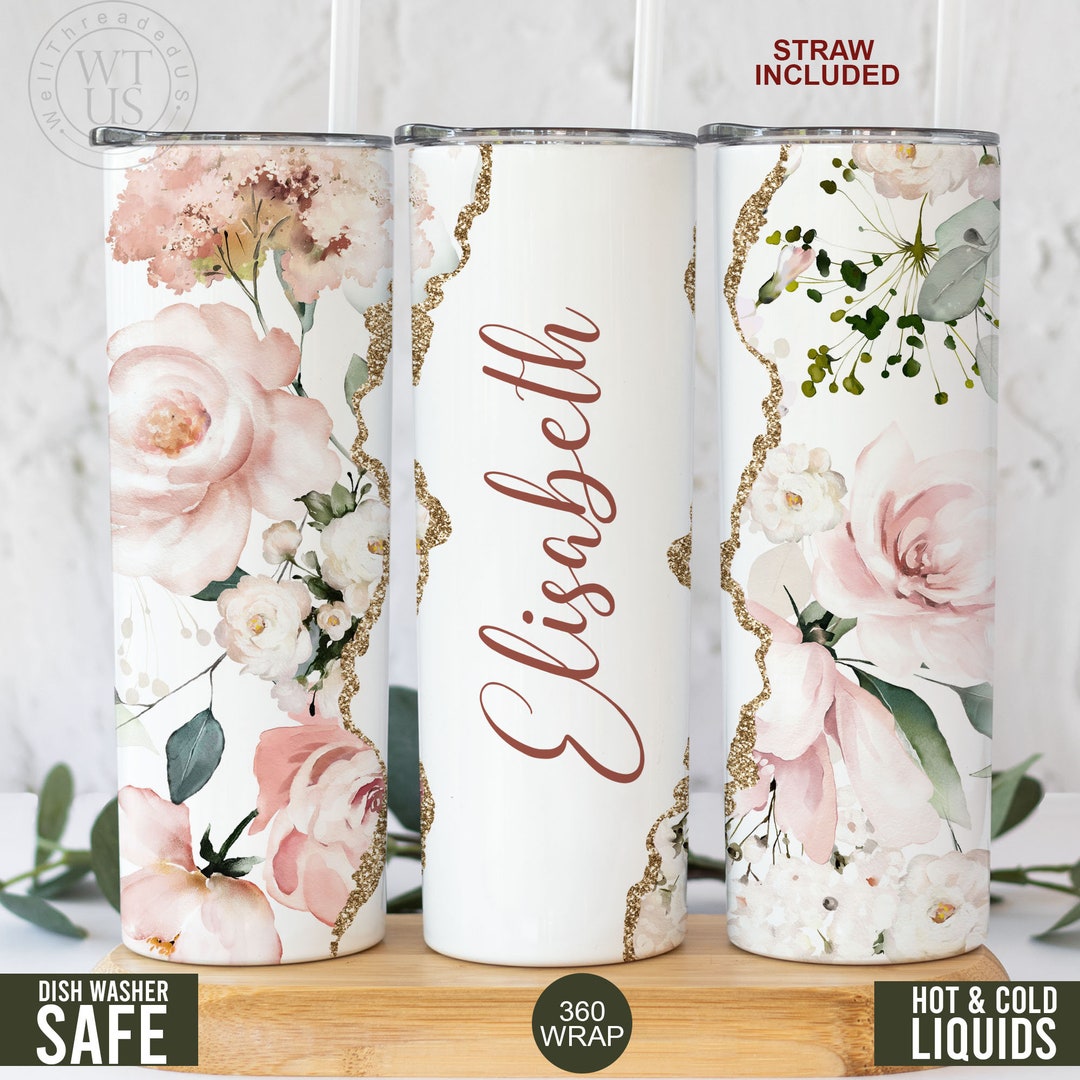 Floral Tumbler , Personalized Floral Name Tumbler , Gift for Her, Pink