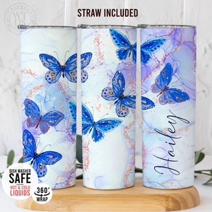 Blue Butterfly Tumbler with Straw - Colorful Butterfly Tumbler - Butterfly lover gifts- Butterfly Gifts for women, Butterfly Gifts