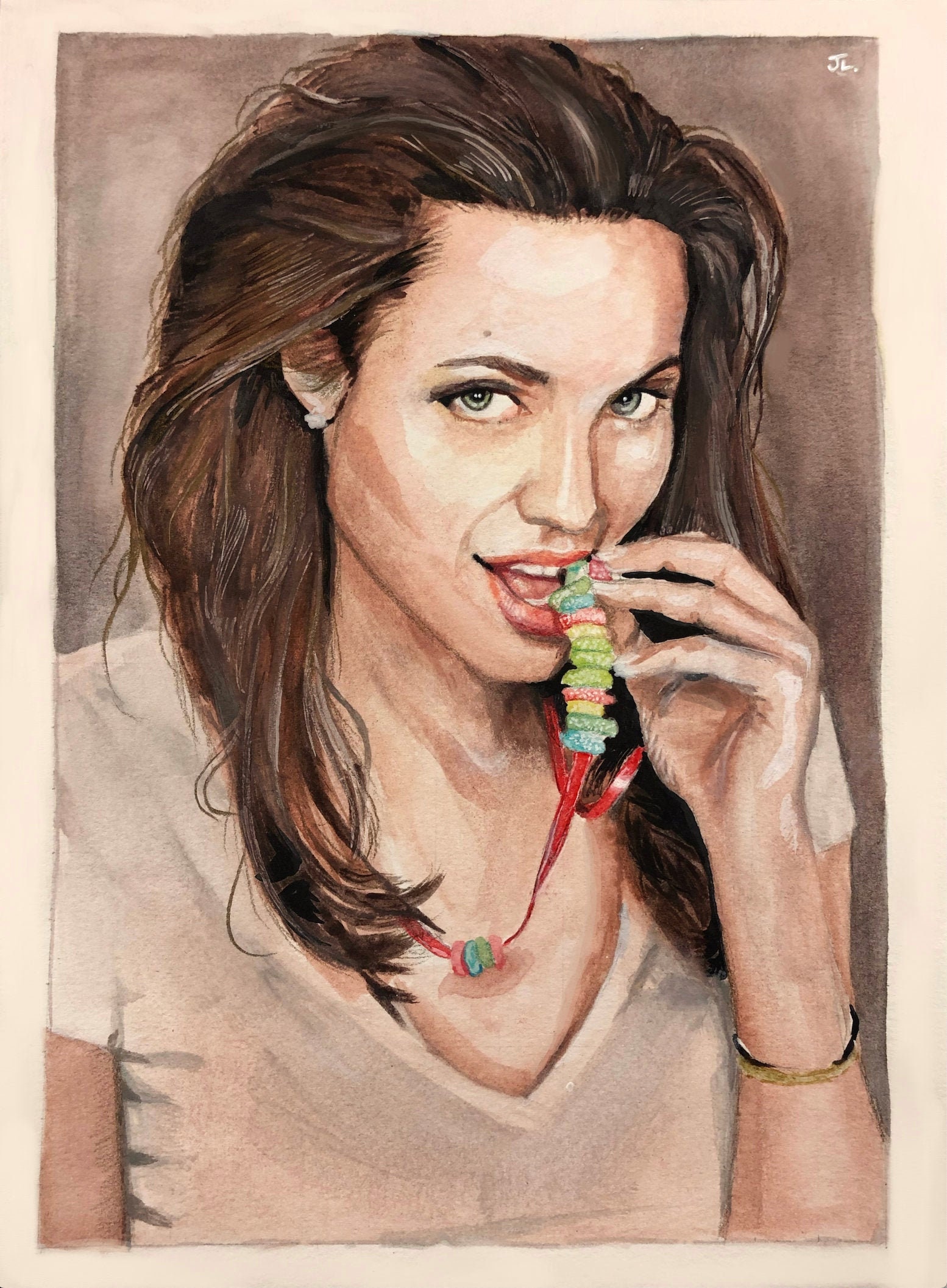 Angelina Jolie pop art painting, celebrity portrait, woman painting,  popular culture, cinema, icon, fashion, luxury, Luis Vuitton, bright juicy  colours, acrylic, watercolor, marker, collage , large canvas, bedroom art,  living room, office