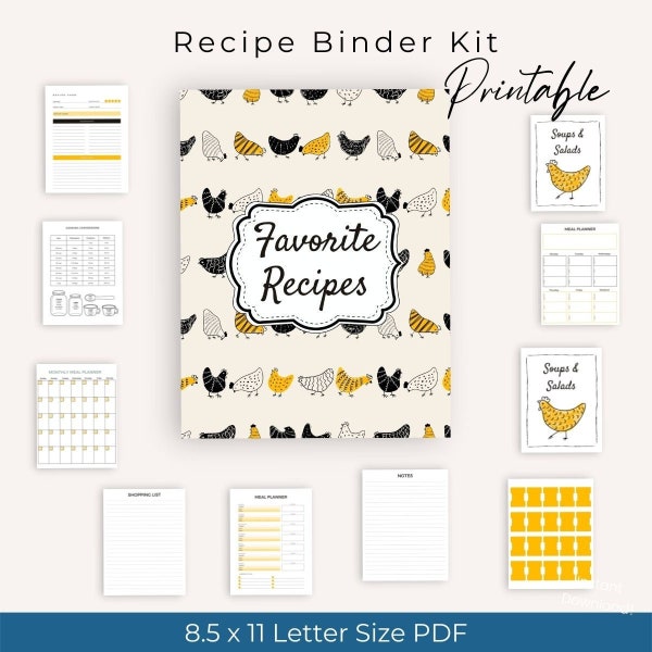 Recipe Binder Kit Printable With Editable Recipe Card for Recipe Binder 3 Ring Digital Download PDF 8.5x11 Vintage Chickens Farmhouse Rustic