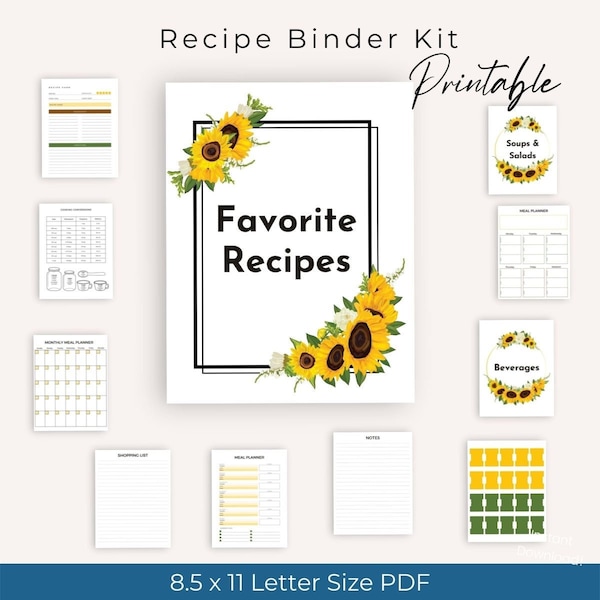 Recipe Binder Set Digital Download PDF for Recipe Binder 3 Ring Editable Recipe Card Printable Recipe Page Sunflowers
