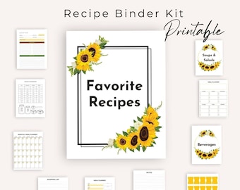 Recipe Binder Set Digital Download PDF for Recipe Binder 3 Ring Editable Recipe Card Printable Recipe Page Sunflowers