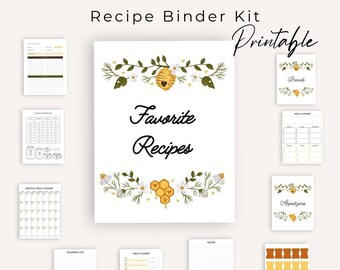 Printable Recipe Binder Kit With Editable Recipe Card Digital Download 8.5x11 PDF Recipe Binder Set Printable Recipe Page Card Bees Beehive