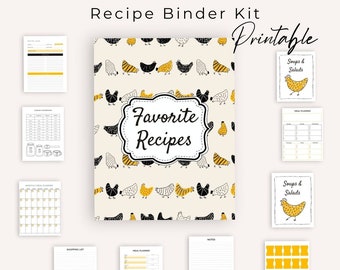 Recipe Binder Kit Printable With Editable Recipe Card for Recipe Binder 3 Ring Digital Download PDF 8.5x11 Vintage Chickens Farmhouse Rustic