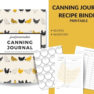 Puede incluir: Carpeta de recetas de enlatado imprimible con un patr&oacute;n de pollo blanco y negro en la portada. La carpeta incluye secciones para recetas, inventario y etiquetas de tarros.