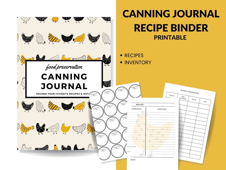 Puede incluir: Carpeta de recetas de enlatado imprimible con un patr&oacute;n de pollo blanco y negro en la portada. La carpeta incluye secciones para recetas, inventario y etiquetas de tarros.