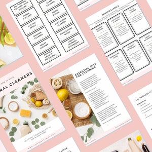 May include: A collection of printable labels and recipe guides for natural cleaning products. The labels include "All Purpose Cleaner with Vinegar," "Floor Cleaner," and "Dusting Spray." The guides feature recipes and essential oils for cleaning.
