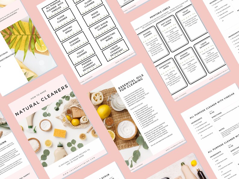 May include: A collection of printable labels and recipe guides for natural cleaning products. The labels include "All Purpose Cleaner with Vinegar," "Floor Cleaner," and "Dusting Spray." The guides feature recipes and essential oils for cleaning.