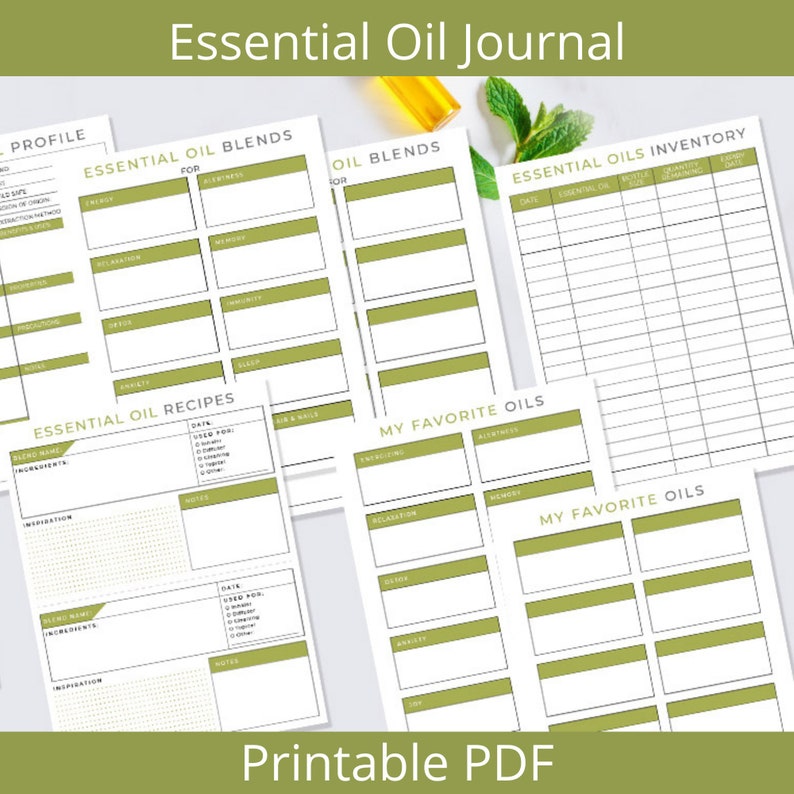 Essential Oil Notebook Binder Journal Printable Digital Instant Download 10 Pages PDF 8.5x11 Green image 1