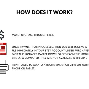 Puede incluir: Un diagrama que explica c&oacute;mo comprar y descargar p&aacute;ginas de recetas imprimibles digitales. El diagrama muestra un signo de d&oacute;lar, un icono de PDF y un icono de impresora. El texto dice: "&iquest;C&Oacute;MO FUNCIONA?", "REALIZAR LA COMPRA A TRAV&Eacute;S DE ETSY.", "UNA VEZ QUE EL PAGO SE HA PROCESADO, RECIBIR&Aacute;S UN ARCHIVO PDF INMEDIATAMENTE EN TU CUENTA DE ETSY BAJO COMPRAS. LAS COMPRAS DIGITALES SE PUEDEN DESCARGAR DESDE EL SITIO M&Oacute;VIL O UNA COMPUTADORA. NO EST&Aacute;N DISPONIBLES EN LA APLICACI&Oacute;N.", y "IMPRIME LAS P&Aacute;GINAS PARA AGREGARLAS A UN CARPETA DE RECETAS O VERLAS EN TU TEL&Eacute;FONO O TABLETA."
