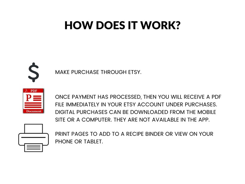 Puede incluir: Un diagrama que explica c&oacute;mo comprar y descargar p&aacute;ginas de recetas imprimibles digitales. El diagrama muestra un signo de d&oacute;lar, un icono de PDF y un icono de impresora. El texto dice: "&iquest;C&Oacute;MO FUNCIONA?", "REALIZAR LA COMPRA A TRAV&Eacute;S DE ETSY.", "UNA VEZ QUE EL PAGO SE HA PROCESADO, RECIBIR&Aacute;S UN ARCHIVO PDF INMEDIATAMENTE EN TU CUENTA DE ETSY BAJO COMPRAS. LAS COMPRAS DIGITALES SE PUEDEN DESCARGAR DESDE EL SITIO M&Oacute;VIL O UNA COMPUTADORA. NO EST&Aacute;N DISPONIBLES EN LA APLICACI&Oacute;N.", y "IMPRIME LAS P&Aacute;GINAS PARA AGREGARLAS A UN CARPETA DE RECETAS O VERLAS EN TU TEL&Eacute;FONO O TABLETA."