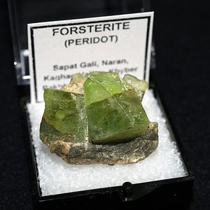 May include: A vibrant green forsterite (peridot) crystal specimen. The mineral is displayed in a black case with a white label that reads "FORSTERITE (PERIDOT)" and additional text. The crystal is a translucent, angular shape.