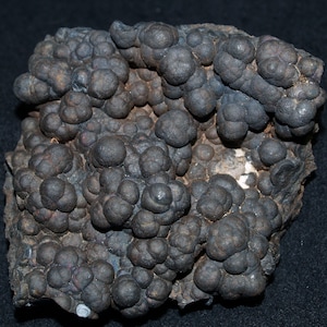 May include: A close-up of a dark gray, botryoidal mineral specimen. The mineral has a rough, textured surface and is composed of many small, rounded nodules.