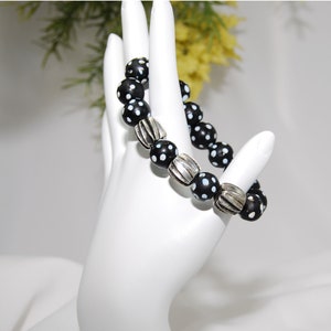Boho Style Bracelet, Antique Old African Trade Beads (Black Skunk), Silver Ridged Barrel Beads, Stretch Cord Bracelet, Handmade