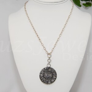 Zodiac Pendant, Sterling Silver Pattern Cable Chain, 27”, Sterling Silver Heart Clasp, Israel Silver Link. Handmade.