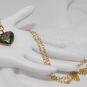 Cloisonné Green Heart Pendant Necklace, 14k Gold Filled 26” Cable Chain, 14k Gold Filled Lobster Clasp. Handmade.