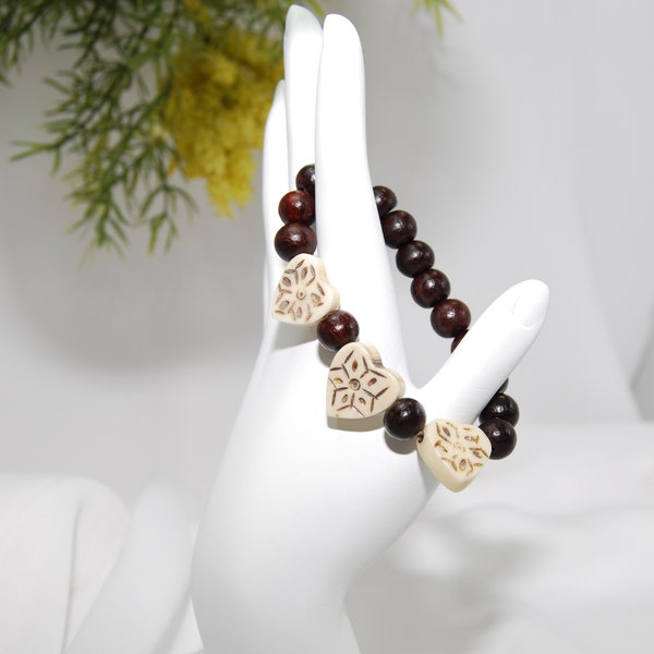 Boho Style Carved Bone Heart Bracelet, Natural Rosewood Beads 10mm, Stretch Cord, Handmade.