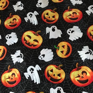Pumpkins Ghost Spiderwebs Over 3 Yards Halloween fabric Trick or Treat Material great for quilting, sewing or craft projects FREE SHIPPING
