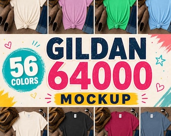 Gildan 64000 Tshirt Mockup Bundle, 56 flatlay color bundle soft style unisex shirt digital download