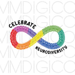 Könnte beinhalten: Ein Regenbogen-Unendlichkeitszeichen mit den Worten "Feiert Neurodiversität" in schwarzem Text. Das Unendlichkeitszeichen besteht aus einer Reihe von Dreiecken und Kreisen.