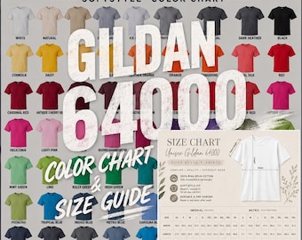 Gildan 64000 T-shirt Color Chart, 64 Color guide soft style unisex shirt digital download with free size guide