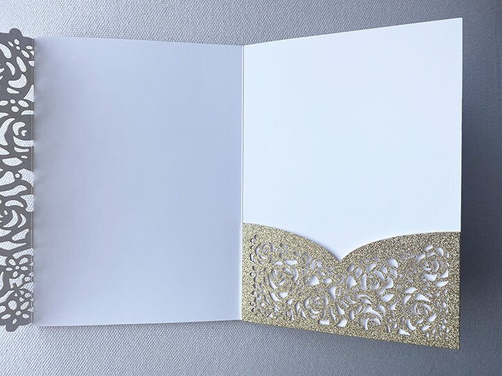 Laser Cut Glittering GOLD Folder With Pocket Rose Trifold Etsy