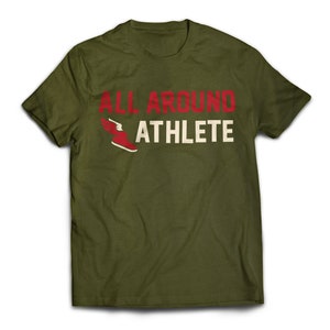 May include: A green t-shirt with the text "ALL AROUND ATHLETE" in white and red. A red running shoe with a white wing is next to the text.
