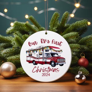 Our RV&#39;s First Christmas Ornament - Personalized with the year. (4 RV Types available: Class C, Class A, Travel Trailer or Fifth Wheel)