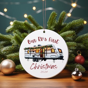 Our RV&#39;s First Christmas Ornament - Personalized with the year. (4 RV Types available: Travel Trailer, Class C, Class A, or Fifth Wheel)