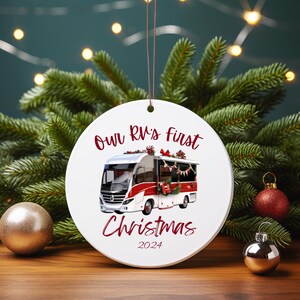 Our RV&#39;s First Christmas Ornament - Personalized with the year. (4 RV Types available: Class A, Class C, Travel Trailer or Fifth Wheel)
