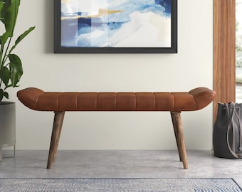 Bench with Full Grain Leather Upholstered Cushion