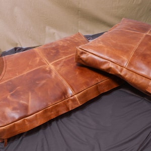 Custom Leather cushion full grain semi aniline top grade cowhide slimline cushions made to order, scratch resistant leather, distressed