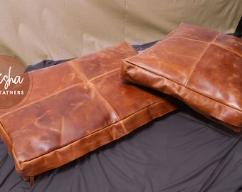 Custom Leather cushion full grain semi aniline top grade cowhide slimline cushions made to order, scratch resistant leather, distressed