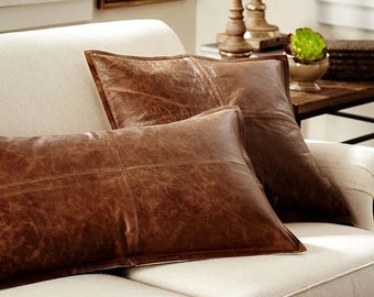 Coussin en cuir-Home Decor-Rustic Farmhouse-Decorative Pillows-Fine Leather Cushion-Brown-Accent Pillow-Lambskin Leather