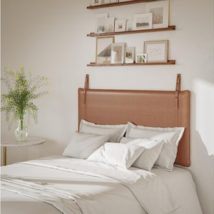 Honey Leather Hanging Headboard with Leather Straps - King, Cal