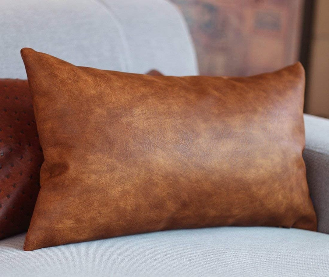 Brown Leather Lumbar Pillow Cover Leather Decorative Throw Pillow Rectangular Sofa Couch Cushion ...
