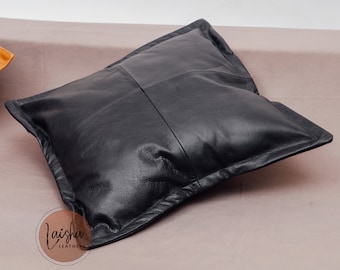 100% Lambskin Leather Pillow Cover - Sofa Cushion Case - Decorative Throw Covers for Living Room & Bedroom - Black Pack of 1