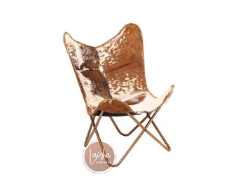 ヴィンテージレザーバタフライチェア、鉄製折りたたみフレーム付き