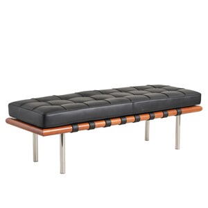 May include: A black leather bench with a wooden frame and chrome legs. The bench has a tufted seat and a woven leather strap design.