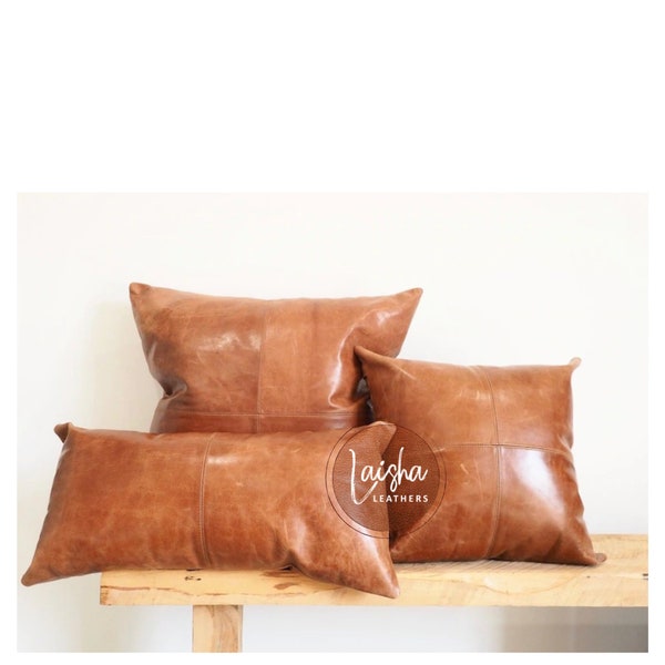 100% Lambskin Leather Pillow Cover - Sofa Cushion Case - Decorative Throw Covers for Living Room & Bedroom - Light Brown Pack of 1