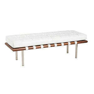 May include: White leather bench with a wooden frame and metal legs. The bench has a tufted design and is supported by a series of leather straps.