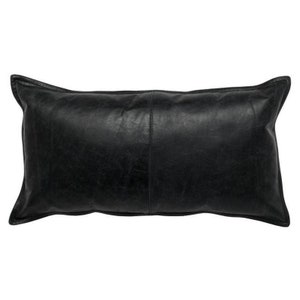 Laisha Leather&#39;s Lambskin Leather Cushion Cover, Hand Made Leather Cover Housewarming BLACK Rectangle Pillow Cover, Couch Decorative Cushion
