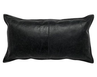 Laisha Leather&#39;s Lambskin Leather Cushion Cover, Hand Made Leather Cover Housewarming BLACK Rectangle Pillow Cover, Couch Decorative Cushion