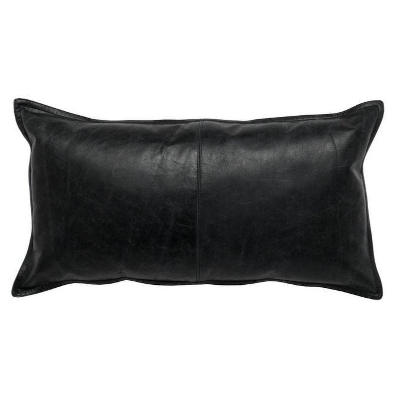 May include: A rectangular black leather pillow with a distressed finish. The pillow has a seam down the center and is designed for decorative use on a bed or sofa. The pillow measures approximately 24 inches long.