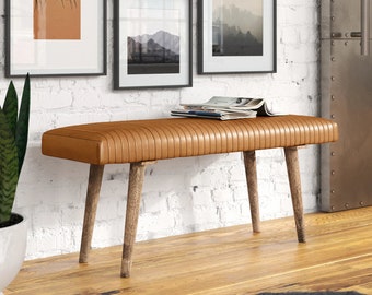 Bench with Full Grain Leather Upholstered Cushion