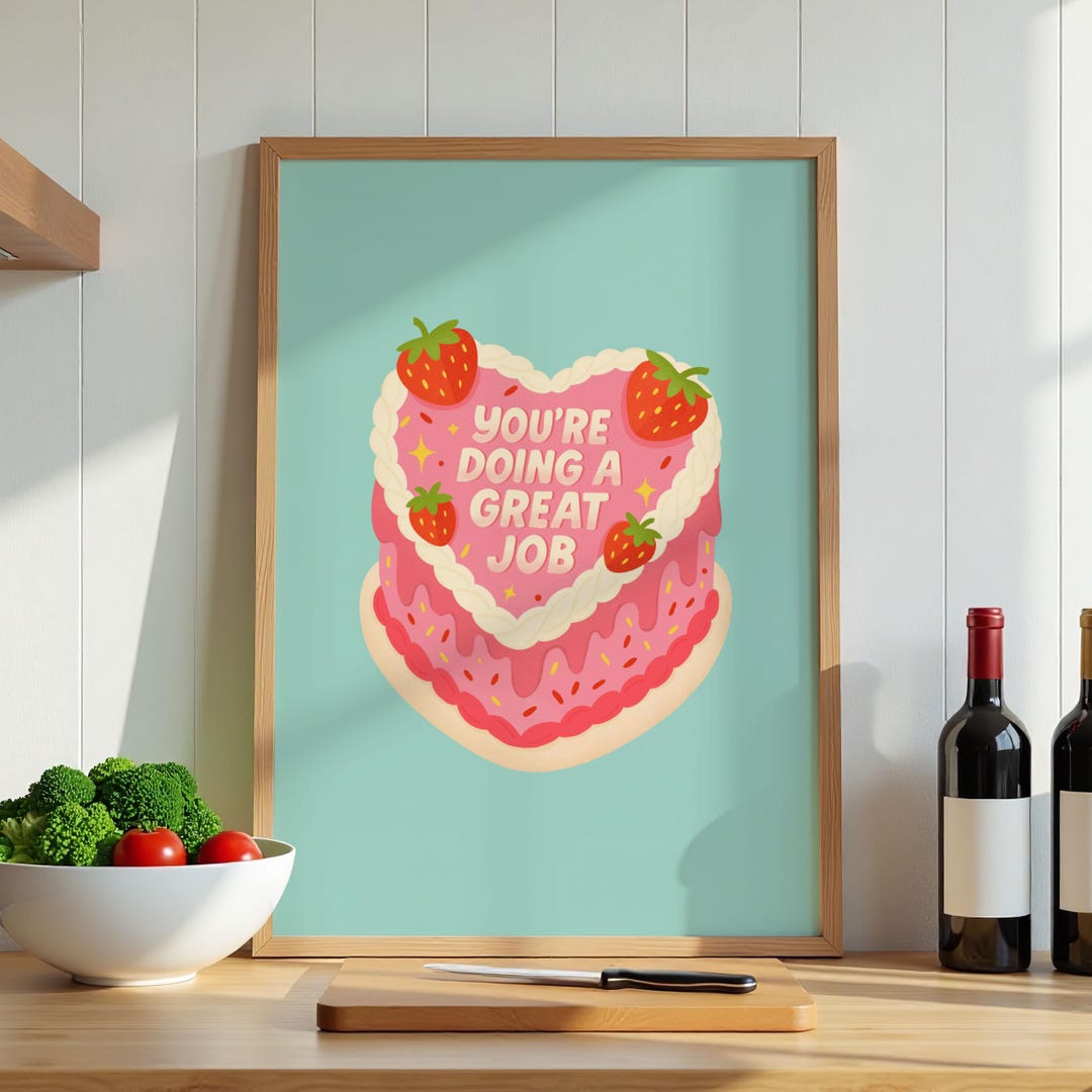 Heart Cake Wall Art Print: Pink Strawberry Cute Kitchen Decor ...