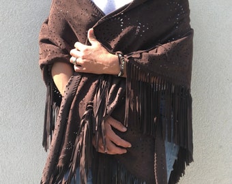 Handmade lamb leather shawl, ebony brown color, fringes, fashion, leather, accessory, original, unique, leather scarf, suede garment