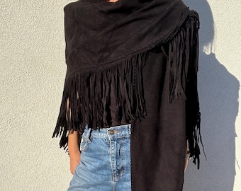Handmade lambskin shawl, handmade, black, luxury, fringe wrap, fashion, leather, accessory, original, leather, unique, leather, suede