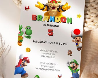 Plantilla de invitación de súper cumpleaños, invitación digital editable para niños, invitación de primer cumpleaños, invitación de cumpleaños de Mario Canva Evite